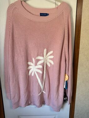 Caribbean Joe Pink Scoop-Neck Sweater with White Palm Motif
